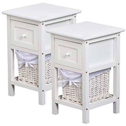 Beyondfashion Pair of Shabby Chic White Wooden Bedside Cabinets Tables with Drawers and Wicker Storage Basket Units