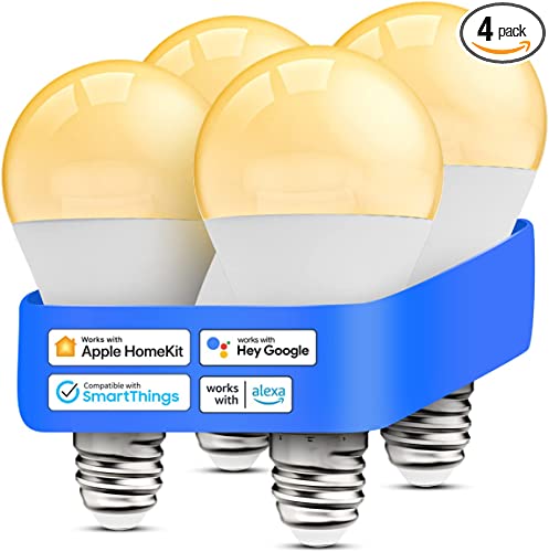 meross Smart Light Bulb, Dimmable WiFi LED Bulb Compatible with Apple HomeKit, Siri, Alexa, Google Home, SmartThings, A19 E26 Warm White 2700K, 810 Lumens 9W 60W Equivalent, No Hub Required, 4 Pack