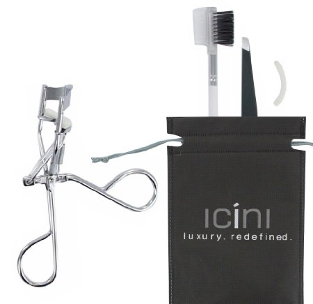 ICINI Essentials- Precision Eyelash Curler   Slant Tip Tweezer   Eyebrow Brush/Eyelash Separator   Eyelash Curler Refill Pad   Carrying Bag (White/Silver)