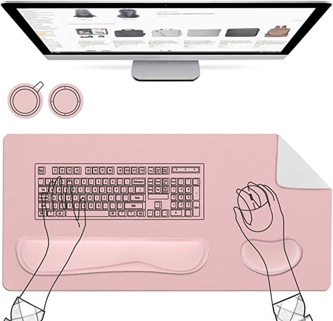 AtailorBird Mouse Pad 5Pcs Set, 800x400mm PU Leather Desk Pad& Ergonomic Memory Foam Keyboard Wrist Pad&Mouse Wrist Rest for Laptop Office Online Study, Including 2 Free PU&Cork Coaster, Pink
