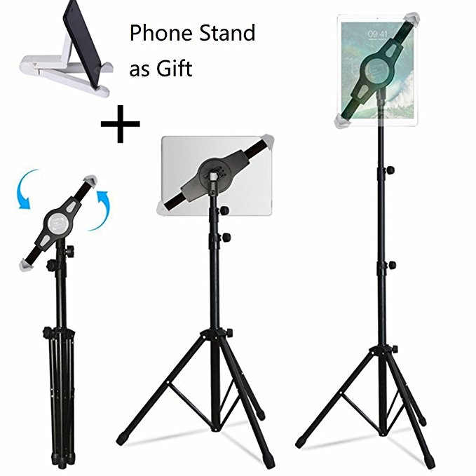 LetsRun iPad Tripod Stand, Height Adjustable Foldable Floor Tablet Tripod Stand for iPad mini, iPad Air, iPad 1,2,3,4 and all 8-12 Inch Tablets, Carrying Case and Phone Stand as Gifts