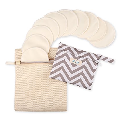 Reusable Organic Bamboo Nursing Pads (10 Pack) Gift Set with Laundry Bag & Travel Wet Bag by Mija - Washable, Leak-proof, Ultra Soft, Hypoallergenic pads for Breastfeeding Women (Off White)