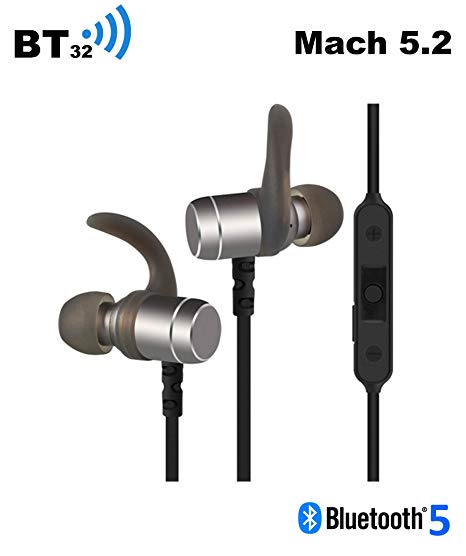 BT32 Mach 5.2 Bluetooth 5.0 Magnetic Wireless Earbuds, Sport in-Ear, Sweatproof with Built-in Charger and Mic, Super Sound Quality, 11 Hrs Playtime, Comfortable, Black