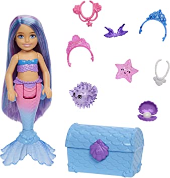 Barbie Mermaid Power Chelsea Mermaid Doll (Blue & Purple Hair) with 2 Pets, Treasure Chest & Accessories, Toy for 3 Year Olds & Up