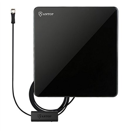 Antop Flat AT-206B Indoor TV Antenna - With Inline Smart Pass Amplifier - 40/50 Mile Smart Range - Omni-directional Reception - Super Slim 0.3" - Piano Black -10ft Cable - 4K UHD Ready HDTV antenna