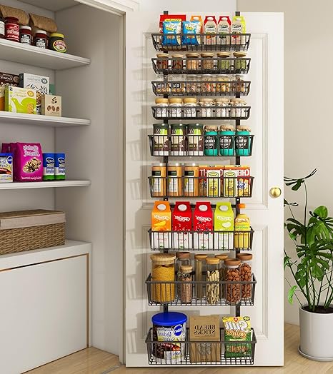 Over The Door Pantry Organizer, Wall Mount Spice Rack, Pantry Hanging Storage and Organization, 9 Adjustable Deep Baskets Heavy-Duty Metal for Home & Kitchen, Back of Door Seasoning Rack, Black