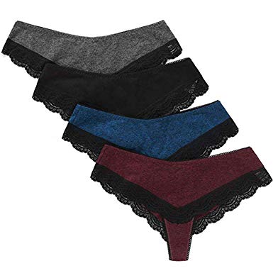 ATTRACO Women's Thong Lace Underwear Tanga Briefs G-String Panties Cotton 4 Packs