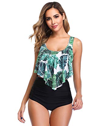 MARINAVIDA Swimsuit for Women Two Pieces Bathing Suits Top Ruffled Racerback with High Waisted Bottom Tankini Set