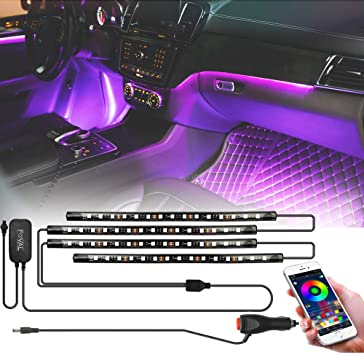 FOVAL Led Car Light Interior, 4pcs 60 Led Strips Lights for Car by APP Control, DIY Colors Music Microphone Control Under Dash Atmosphere kit RGB Lights for iPhone Android with Car Charger, DC 12V