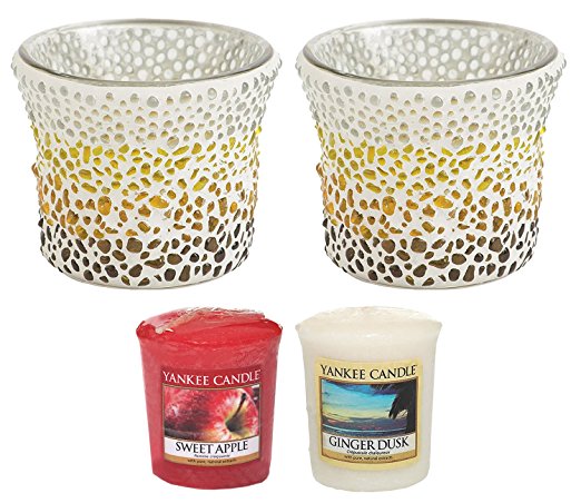 Yankee Candle Sunset Mosaic Glass Votive Holders TWO PACK Plus TWO SAMPLERS Small 8cm/3.2" Modern & Contemporary Candle Containers with 1000 Incredible Decorative Coloured Glass Beads Indoor/Outdoor