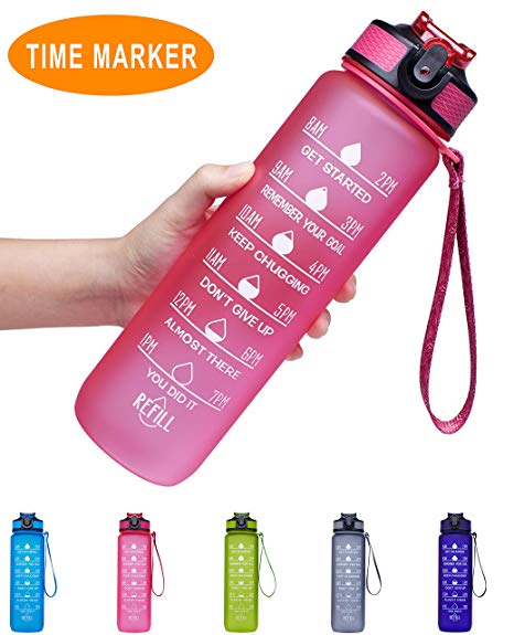 Venture Pal 32oz/22oz Motivational Fitness Sports Water Bottle with Time Marker & Straw, Large Wide Mouth Leakproof Durable BPA Free Non-Toxic