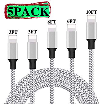 ZestyChef iPhone Charger, MFi Certified iPhone Cable 5 Pack [3/3/6/6/10FT] Extra Long Nylon Braided USB Charging&Syncing Cord Compatible with iPhone Xs Max/XS/XR/7/7Plus/X/8/8Plus/6S Silver&Gray