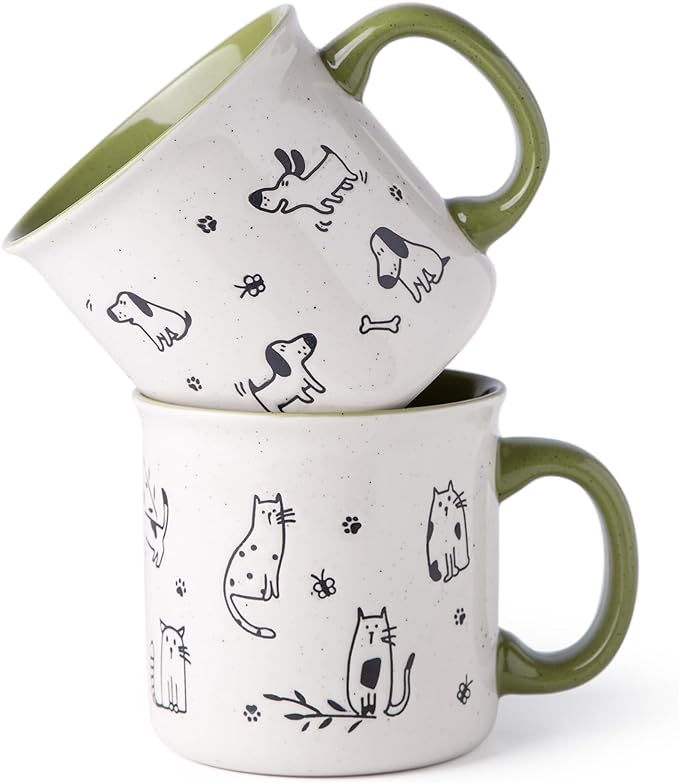 AmorArc 22 OZ Large Ceramic Coffee Mugs Set of 2, Oversized Mugs With Big Handle for Men Women Dad Mom, Big Mug With Textured Dogs Cats Patterns for Office & Home -Microwave Safe, 2 Pcs-Green