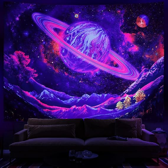 Leofanger Blacklight Tapestry UV Reactive Planet Tapestry Galaxy Space Tapestry Trippy Mountain Tapestry Starry Sky Tapestry Wall Hanging for Home Decor(70.8"x92.5")