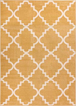 Golden Yellow 5x8 ( 5'3" x 7'3" ) Area Rug Trellis Morrocan Modern Geometric Wavy Lines Living Dining Room Bedroom Kitchen Carpet Contemporary Soft Plush Quality Gold Area Rug