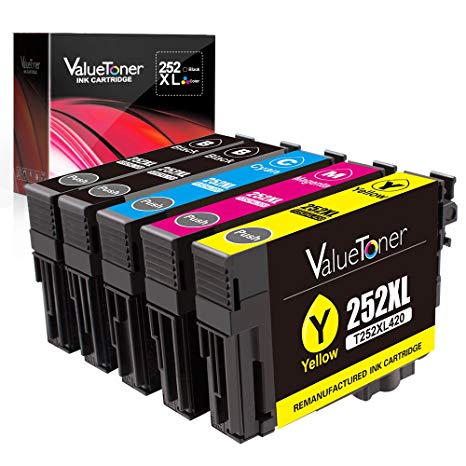 Valuetoner 252 Ink Cartridge Remanufactured for Epson 252 252XL Replacement for Epson Workforce WF-3620 WF-3640 WF-7610 WF-7620 WF-7110 WF-7710 Printer, 5 Pack (2 Black, 1 Cyan, 1 Magenta, 1 Yellow)