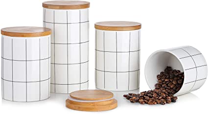 Canisters Sets For Kitchen Counter, BEYONDA Kitchen Canisters Set Of 4 Ceramic Jars With Airtight Bamboo Lid, Heat & Cold Resistant Portable Coffee Canister For Ground Coffee, Tea, Sugar, Spices