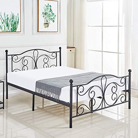 DIMOTE Metal Bed Frame Platform with Vintage Decorative Headboard and Footboard Sturdy Metal Frame Premium Steel Slat Support (Queen)