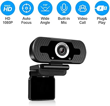 LarmTek Full HD webcam 1080p video camera with webcam cover, USB webcam with built-in microphone, mini plug & play for desktop, notebook, PC, ideal for conferences, live transmissions and video calls