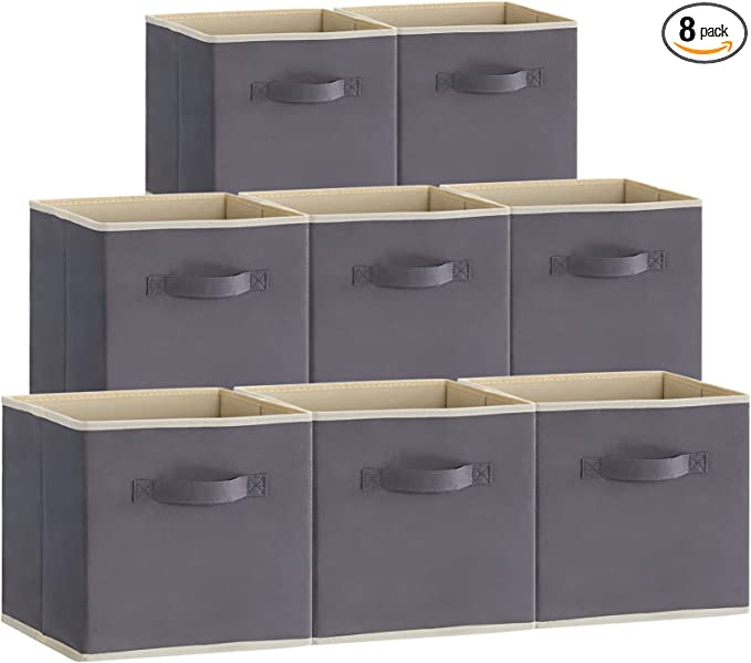 Lifewit 11 Inch Cube Storage Bins, Storage Cubes Foldable Medium Decorative Fabric Storage Baskets for Organizing Home Organizers with Handles for Shelves, Closet, Kallax, Set of 8, Grey