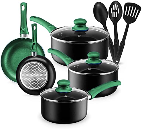 Kitchen Cookware Set, 11 Piece Pots and Pans Set for Cooking Nonstick, Dishwasher Safe Cooking Utensils Set by Chef's Star (Green)