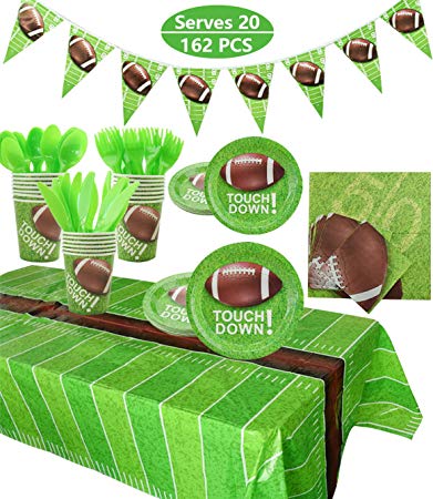 Football Party Supplies Sports Theme Party Pack for Game Day and Birthday Including Dinner Plates, Dessert Plates, Cups, Napkins, Spoons, Knives, Forks, Tablecloth, Banner, 162Pcs, Serves 20
