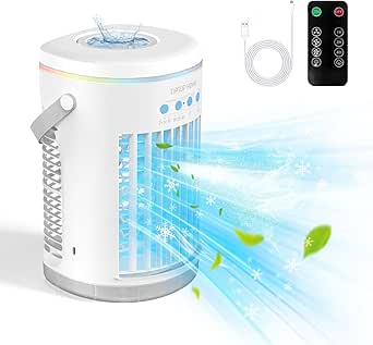 Aire Acondicionado Portatil, Potente Unidad de Aire Acondicionado Evaporative con Control Remoto, Ventilador de Enfriador de Aire Personal 4 en 1 y Humidificador para Dormitorio, Oficina, Camping