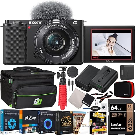 Sony ZV-E10 Mirrorless Alpha APS-C Vlog Camera Body and 16-50mm F3.5-5.6 Zoom Lens ILCZV-E10L/B Black Bundle with Deco Gear Photography Case   Extra Battery   Photo Video Software & Accessories Kit