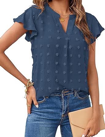 MEROKEETY Women 2024 Summer V Neck Ruffle Short Sleeve Blouse Swiss Dot Flowy Shirt Tunic Top