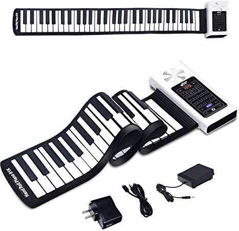 BABY JOY 61 Keys Roll Up Piano, Upgraded Electronic Piano Keyboard, Portable Piano w/Bluetooth, MP3 Headphone USB Input, MIDI OUT, 128 Rhythms, Record, Play, Volume Control (White, 61 Keys)
