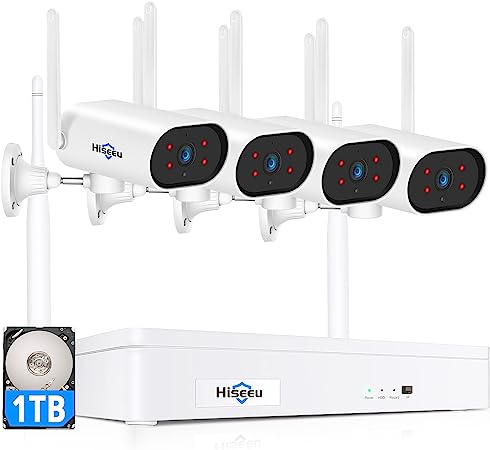 【Expandable 8CH,2K】 Hiseeu 3MP WiFi Security Camera System Outdoor/Indoor,4pcs Pan 180°View Cameras,2-Way Audio,WiFi 8 CH NVR System,Night Vision,Home WiFi Surveillance Cameras,1TB Hard Drive……