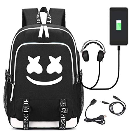Marshmello Backpack Travel Bag Bookbag Laptop Backpack with USB Charging Port (Black)