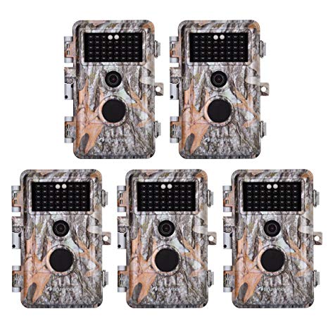 BlazeVideo 5-Pack 16MP 1920x1080P Video Game Trail Cameras Wildlife Deer Hunting Cams with 65ft Night Vision No Glow & No Flash 940nm Infrared IR Motion Activated IP66 Waterproof 0.6S Trigger 2.4" LCD