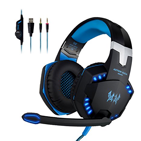 [Father's Day Gift Promotion] EasySMX Updated Version Vibration Stereo LED Lighting Over Ear PC Gaming Headset with Mic Adjustable Padded Headband LED Indicator Headphone for PC Gamers, 3.5mm Jacks(Black   Blue)