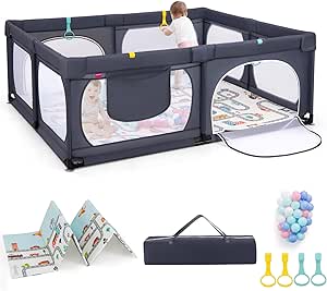 COSTWAY Grand Parc pour Bébé avec 50 Balles Océaniques, Clôture pour Tout-Petits avec 4 Anneaux à Main, Centre d'Activités pour Bébé avec Tapis Pliable, 189 x 158 x 68 CM (Gris Foncé)