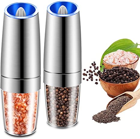 Salt and Pepper Grinder Electric Gravity Grinder, BESTORE Refillable Automatic One-Hand Operated Pepper and Salt Mill Set with Adjustable Coarseness and LED light, Battery-Operated 2 Pack (Silver)