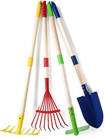 Play22 Kids Garden Tool Set Toy 4-Piece - Shovel, Rake, Hoe, Leaf Rake, Wooden Gardening Tools for Kids Best Outdoor Toys Gift for Boys and Girls