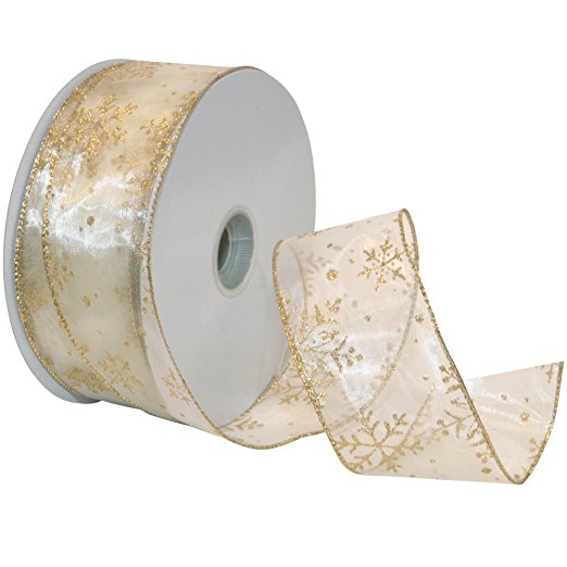 Morex Ribbon Snowflake Wired Sheer Glitter Ribbon, 2-1/2-Inch by 50-Yard Spool, Ivory/Gold