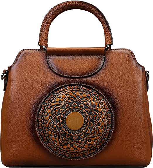 Genuine Leather Handbags for Women Organizer Satchel Vintage Embossing Mandala Design Totem Crossbody Bag Handmade