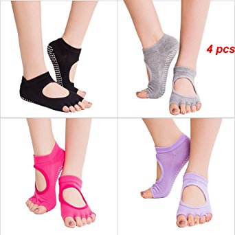 HEHEINC 4 Pairs Non Slip Half Toe Yoga Socks for Ballet, Yoga, Pilates, Barre Cotton Socks with Grips for Women