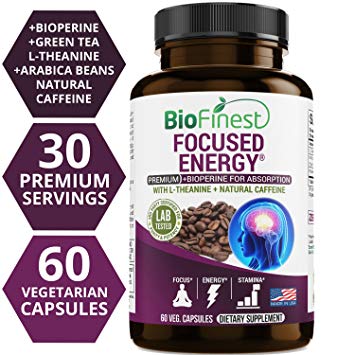 Biofinest Focused Energy Brain Support Supplement - Boost with 100mg Natural Caffeine, 200mg L-Theanine Pills - for Energy, Memory, Focus, Clarity - No Crash No Jitters (60 Vegetarian Capsules)