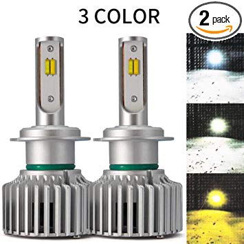 H7 LED Headlight Bulb Canbus Adjustable Color Pure White Warm White Yellow Single Beam 12000Lm Conversion Kit Extremely Bright 360 Degree(Pack of 2)