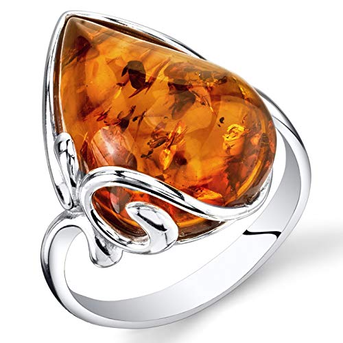 Baltic Amber Large Tear Drop Ring Sterling Silver Cognac Color Sizes 5-9