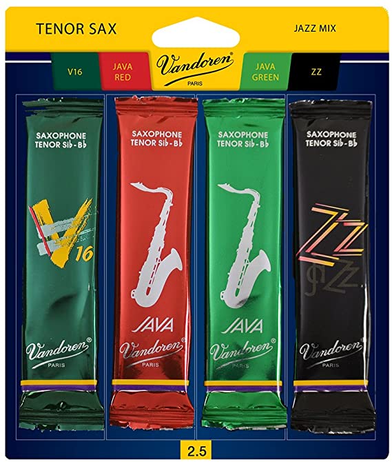 Vandoren SRMIXT25 Tenor Sax Jazz Reed Mix Card includes 1 each ZZ, V16, JAVA and JAVA Red Strength 2.5