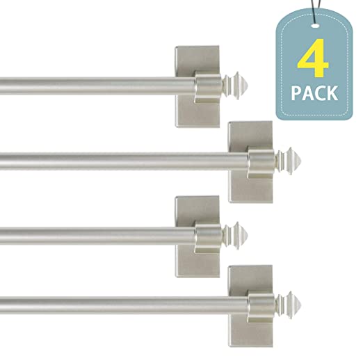 H.VERSAILTEX Multi-Use Magnetic Curtain Rods with Square Ends for Small Windows Adjustable Lenght from 16" - 28", Nickel, 1/2" Diameter, 4-Pack