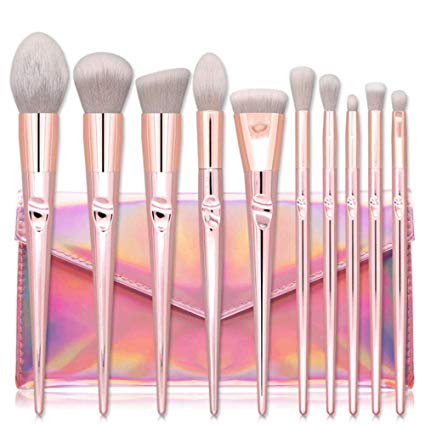 TUBEINC 10 PC Cone-Shape Makeup Brush Set Foundation Concealer Eyeshadow Contour Beauty Make up Brushes Tool Pink Cosmetic Tool Makeup Learner Brush Set