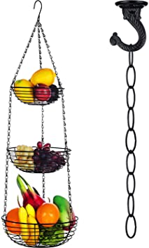 3-Tier Hanging Fruit Basket Vegetable Storage Wire Basket with 16 Inch Fixture Chain and Ceiling Hook for Putting Fruit Vegetables Snacks Household Items, Black