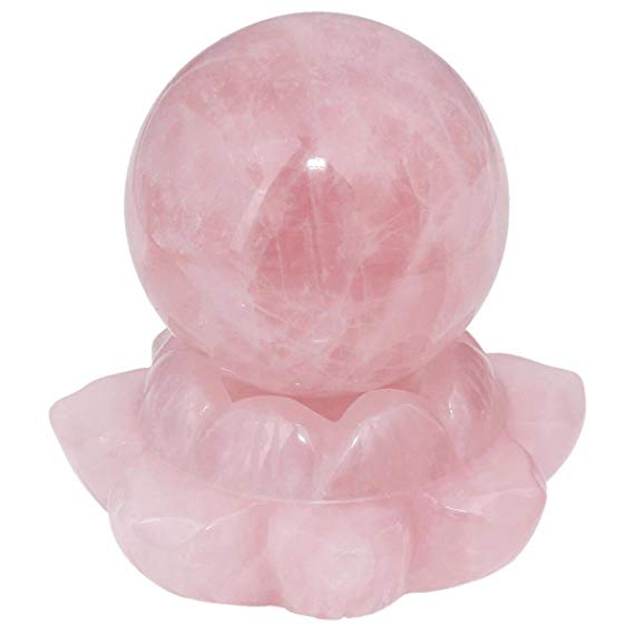 SUNYIK Natural Rose Quartz Crystal Ball Healing Figruine on Rose Quartz Lotus Flower(2"-2.2")
