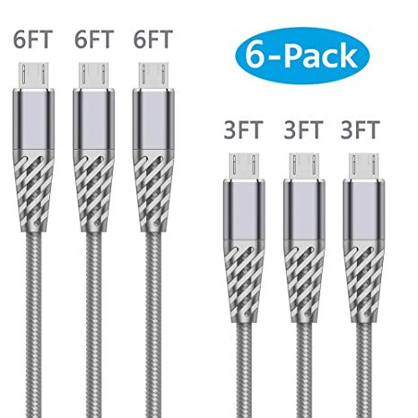 Yirddeo Micro USB Cable Android 6-Pack [3FT 6FT] x3 Extra Long Cell Phone Charger Cord Nylon Braided High Speed Charging Compatible with Samsung Galaxy S6/S7/S4/S3 Sony LG HTC Nexus Kindle PS4 Gray