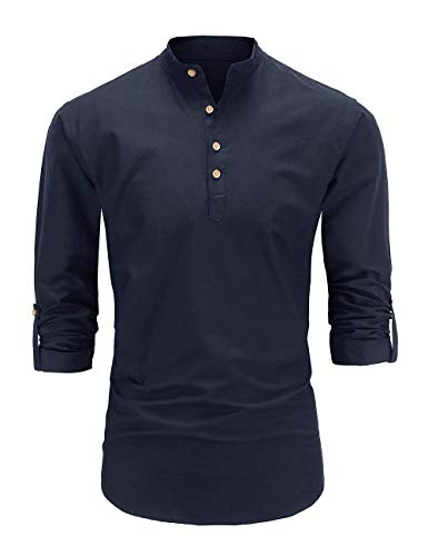 Men's Slim Fit Casual Oxford Dress Shirt Banded Collar Long Sleeve Button Down Shirts with Pocket